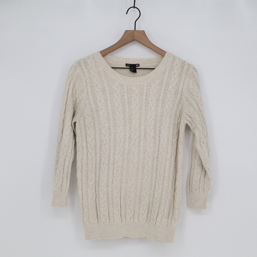 H&M Sweater Womens M Basic Cream Cable Knit Alpaca Blend Long Sleeve Excellent